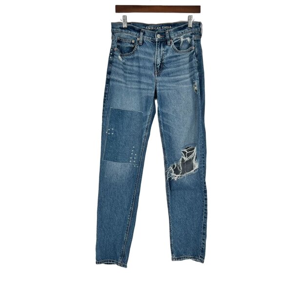 American Eagle Women's '90s Straight Jeans Size 4 Blue Distressed Patched - Picture 1 of 12